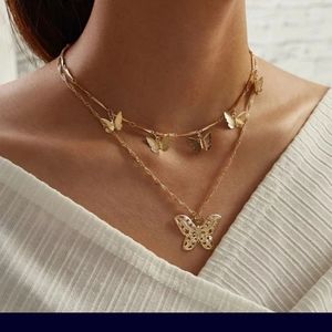 Double layer large butterfly gold choker necklace